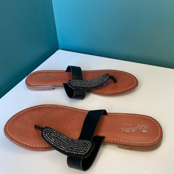 SEYCHELLES Thong Sandals Flip Flops Womens Size 9 Black Tan Gems - Picture 4 of 7